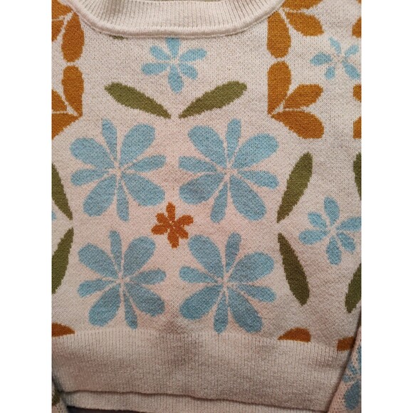 PacSun LA Heart Women's Floral Lazy Day Cropped Sweater Medium Cream Blue Orange - Picture 5 of 6